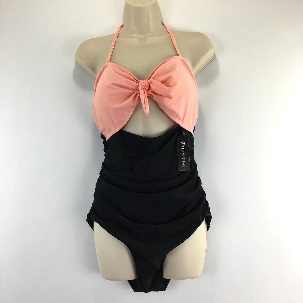 TEMP ME Black Pink front tie knot Cut out high waist halter Swimsuit size L New!